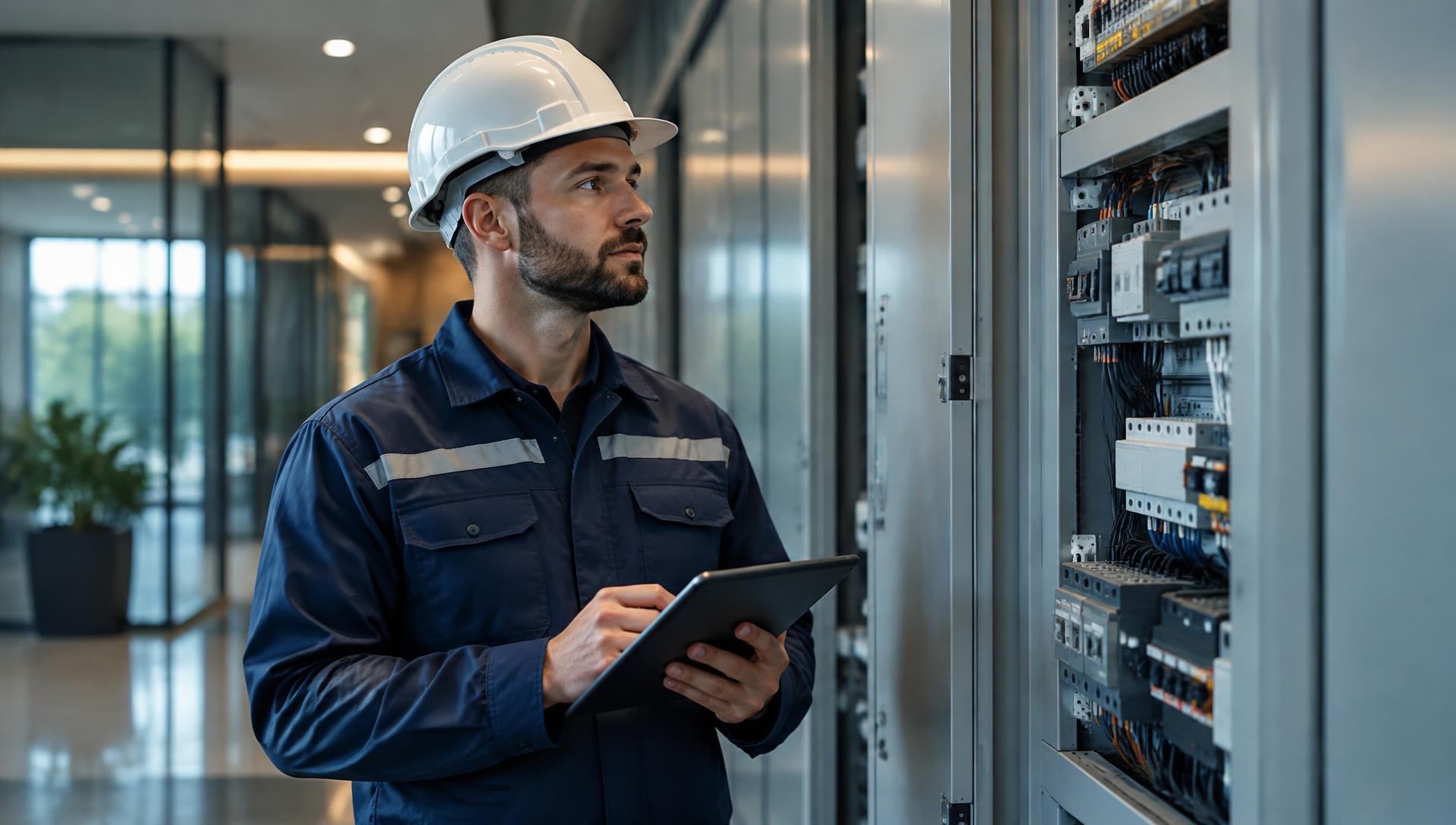 DeftServe technician inspecting an electrical panel in a commercial building