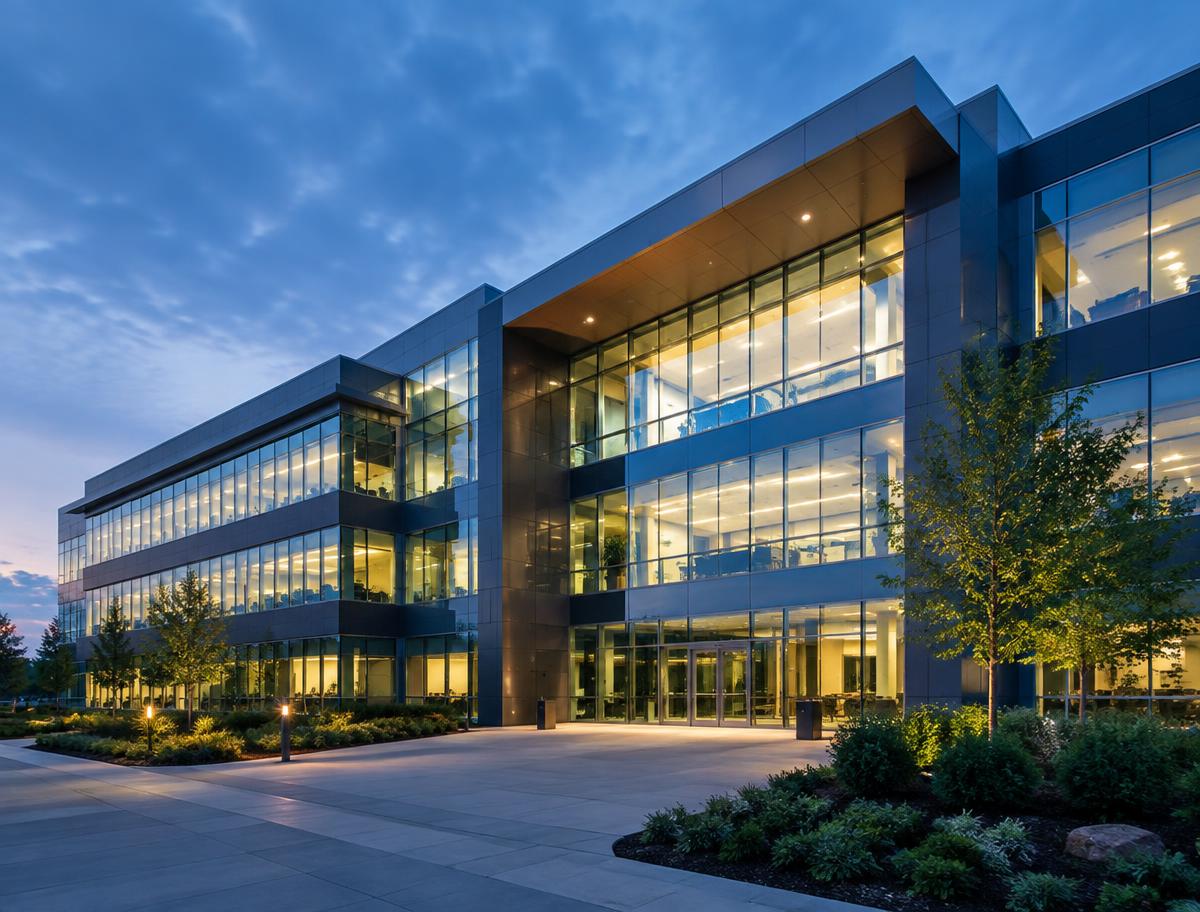 A well-maintained commercial building in the evening